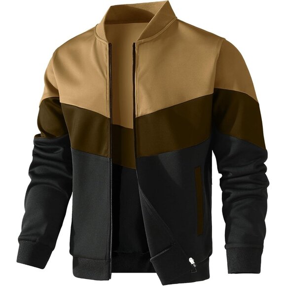 Men's Khaki/Brown/Black Lightweight Jacket Color Block Casual Bomber Jacket - Picture 1 of 7